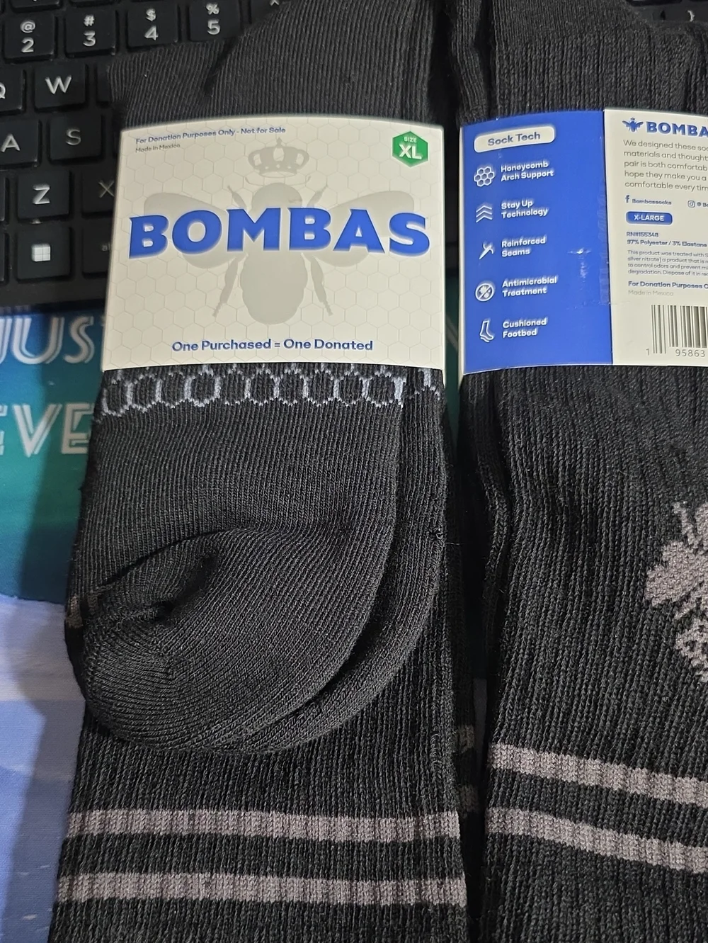 Bombas Black Crew Socks with Gray Stripe Accents (3-Pack) New